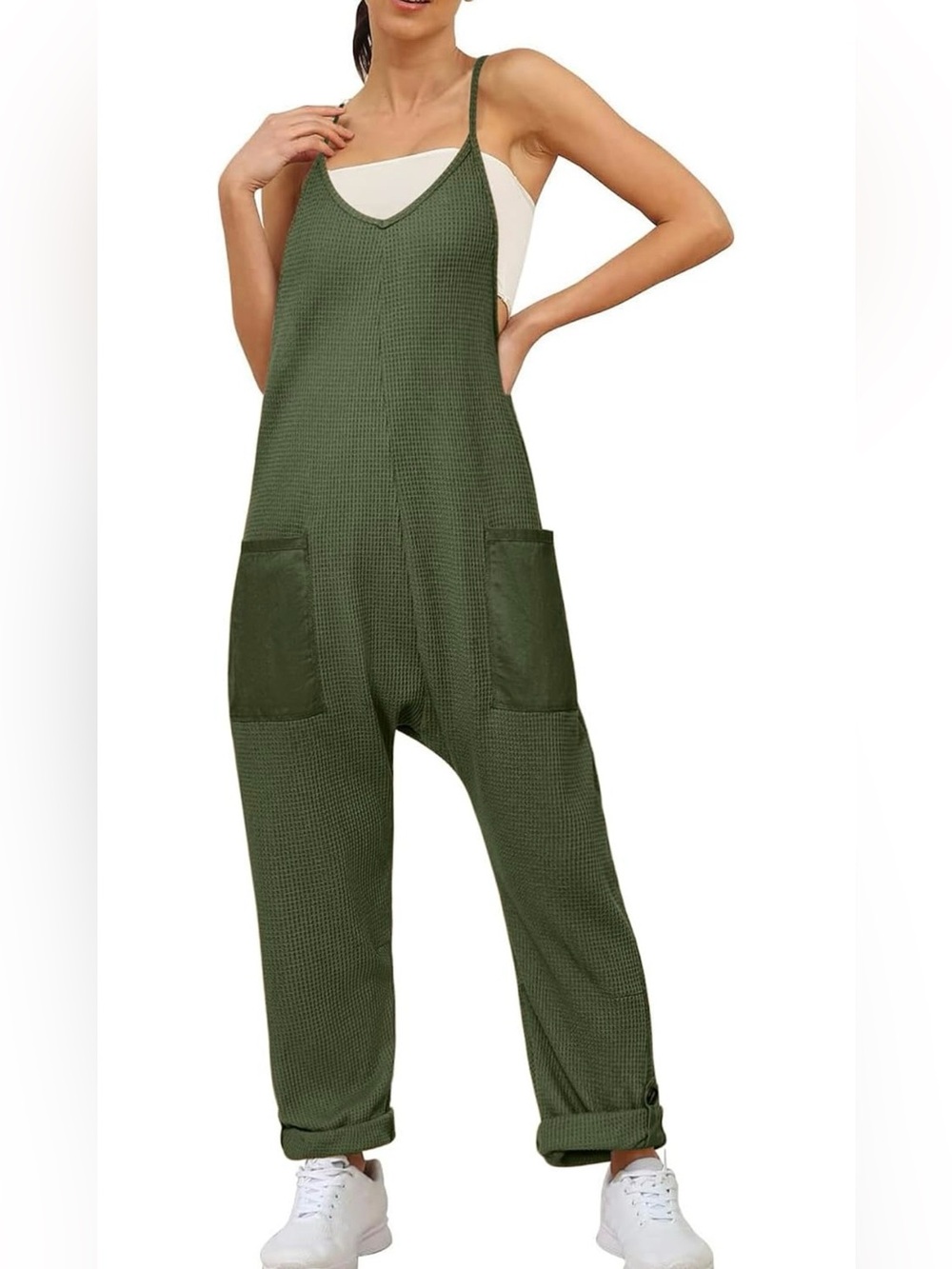 Glamaker Waffle Knit Jumpsuit Overalls Sleeveless Romper Dark Green